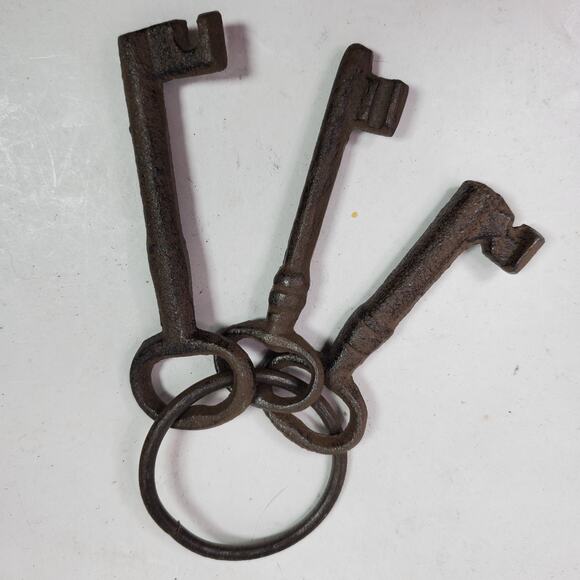 Vintage Cast Iron Door Church Jail Prison Skeleton Key Set On Ring Decor - Picture 2 of 4